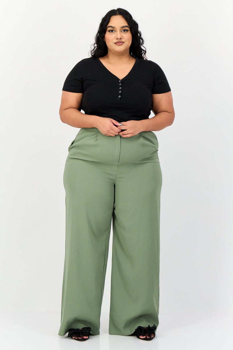 Archive Design Studio Women Regular Fit Plain Wide Leg Pants, Sage Green - Image 3