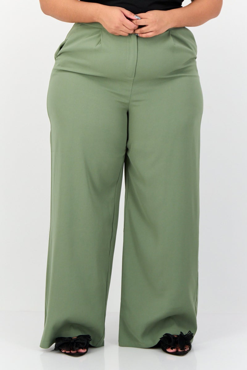 Archive Design Studio Women Regular Fit Plain Wide Leg Pants, Sage Green - Image 1