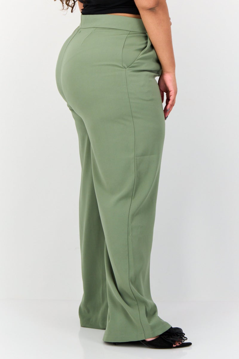 Archive Design Studio Women Regular Fit Plain Wide Leg Pants, Sage Green - Image 2