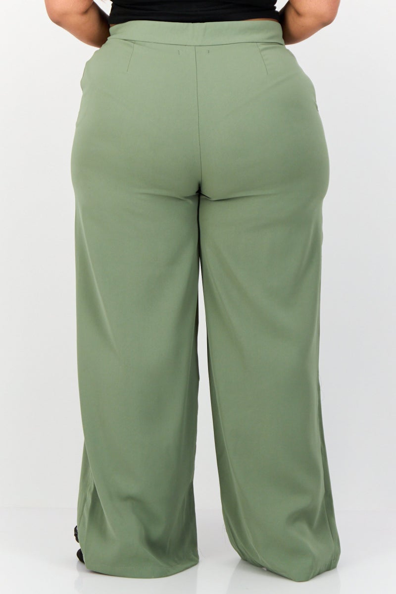 Archive Design Studio Women Regular Fit Plain Wide Leg Pants, Sage Green - Image 2