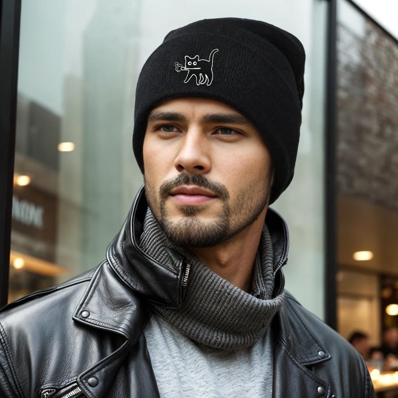 UYDOXCU Funny Cat Beanies, Cute Gothic Cool Cat Knit Hat for Men and Women (Match Cat) - Image 3