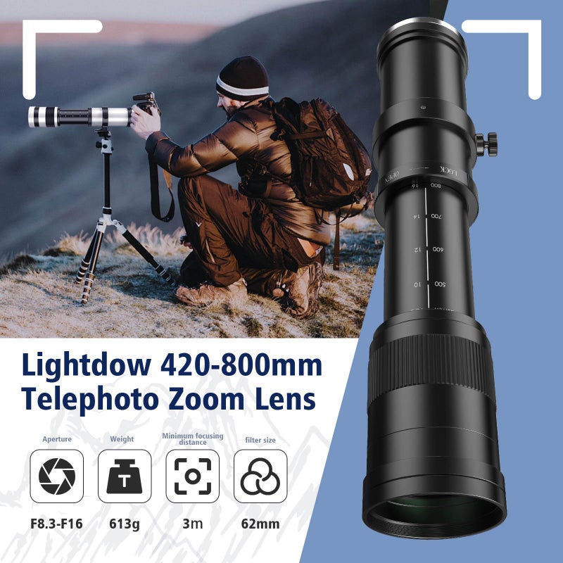 Lightdow EF/EF-S 420-800mm F8.3 Telephoto Zoom Lens(MF) for Canon EOS Rebel T8i/T7i/T7/T6i/T5/T3i/T2i/XSi/SL3/SL2/T100/90D/80D/70D/50D/5D Mark IV/6D II/7D II/1D X III II-Manual Focus DSLR Cameras Lenses(Black) - Image 4