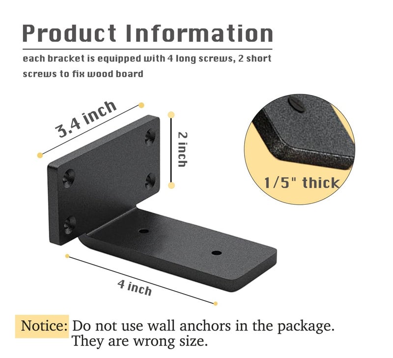 WINKER 4 Pack Shelf Brackets 4 Inch Floating Shelf Bracket 1/5 inch Thick Heavy Duty Hidden Shelf Brackets Iron Metal Brackets for Shelf Support with Screw Included - Image 2