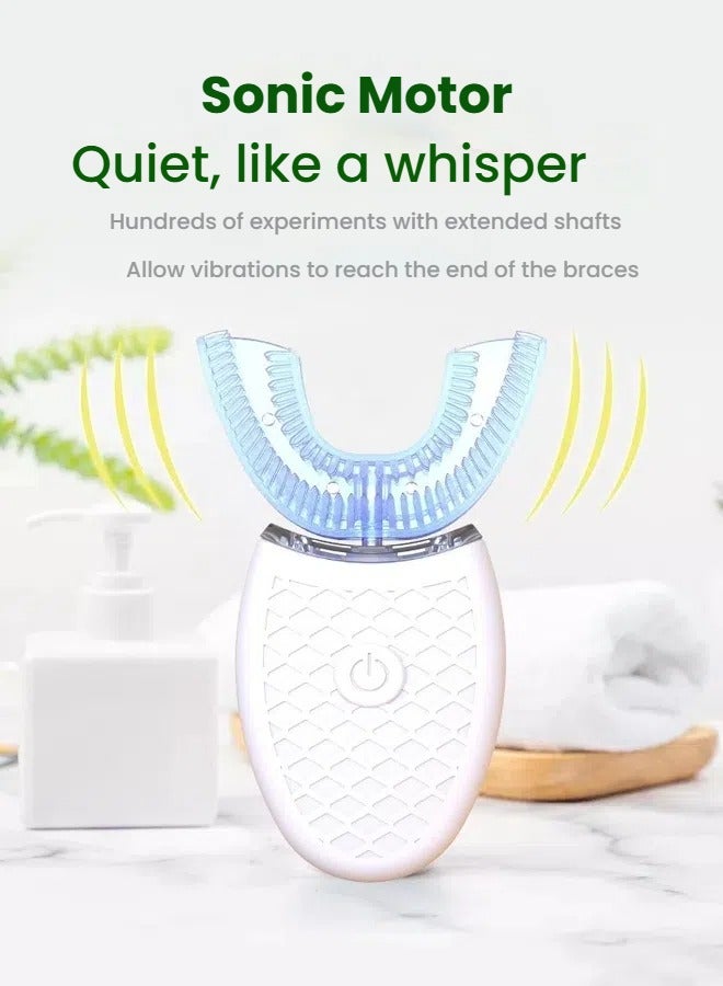 عام فرشاة أسنان كهربائية آليّة للبالغين، ذات شكل حرف U. تعمل بالهبوطات الصوتية المفرطة الصوتيّة لتقليل إكتئاب الأسنان وتجفيفها. هي مقاومة للماء وتصنّع من السيليكون، وهي مناسبة حتى لمن يرتدي قيود الأسنان. - Image 3