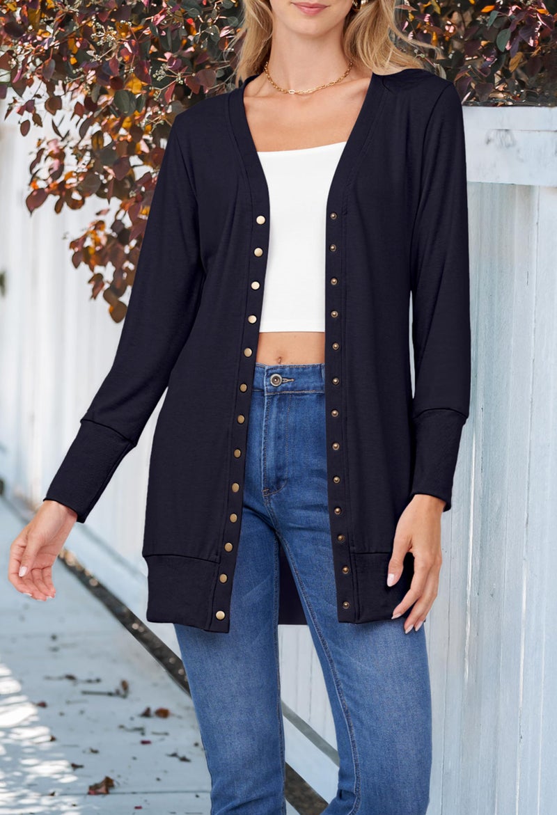 MEROKEETY Women's 2025 Fall Long Sleeve Cardigan Sweater Lightweight Snap Button Down Open Front Casual Outfit, Black, M - Image 3