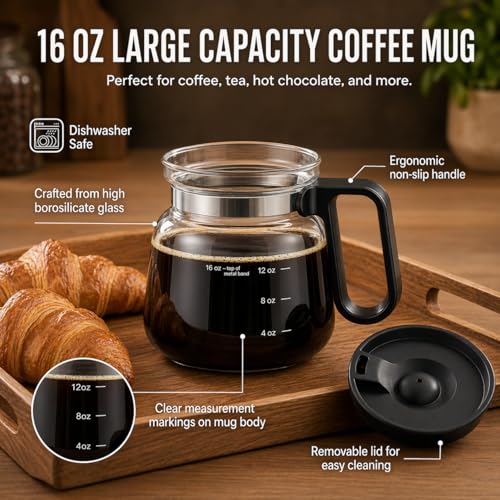 Bohodiy Coffee Pot Mug with Lid, 16oz Glass Mini Coffee Pot Cup, Heat-Resistant Clear Travel Mug, Spill-Resistant Novelty Coffee cup for Office Desk & Coffee Lovers gift - Image 2