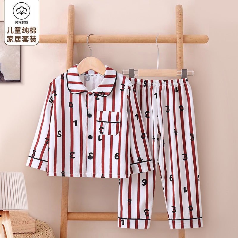 New Childrens Lapel Cotton Home Clothes Babys Spring and Summer Pajamas suit Boys and Girls Home Comfortable Two-piece Set Stripes 