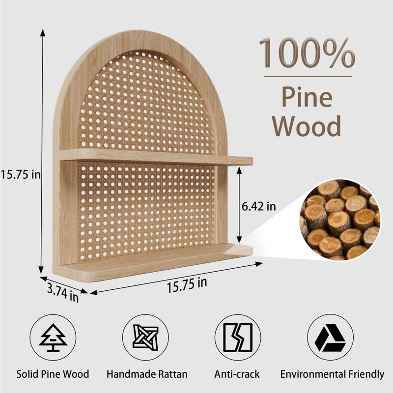 Ecowillon 2 Tier Fan-shaped Rattan Wall Shelf, Nursery Shelf for Wall Storage, Natural Pine Wood Wicker Wall Shelf, Boho Shelf for Netural Nursery Decor, Decorative Shelf for Living Room, Bedroom & Bathroom - Image 2