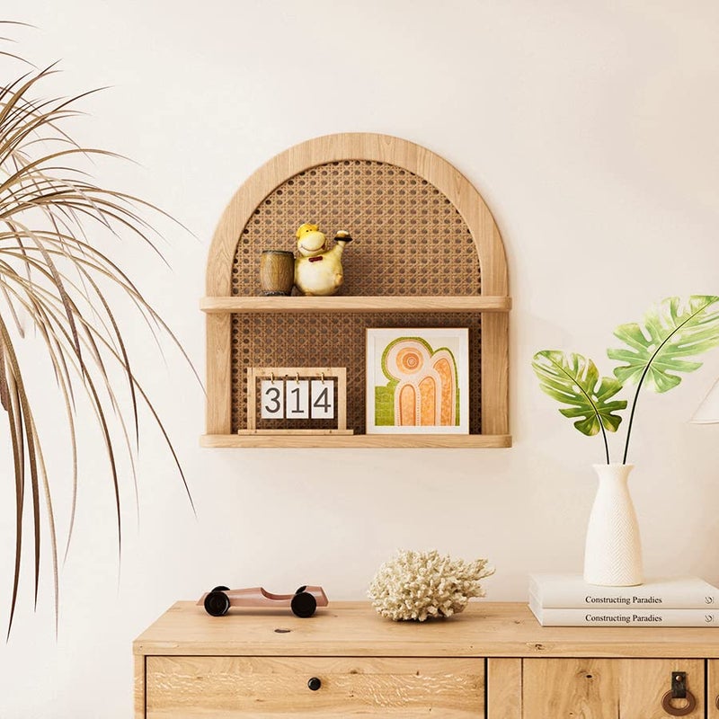 Ecowillon 2 Tier Fan-shaped Rattan Wall Shelf, Nursery Shelf for Wall Storage, Natural Pine Wood Wicker Wall Shelf, Boho Shelf for Netural Nursery Decor, Decorative Shelf for Living Room, Bedroom & Bathroom - Image 4