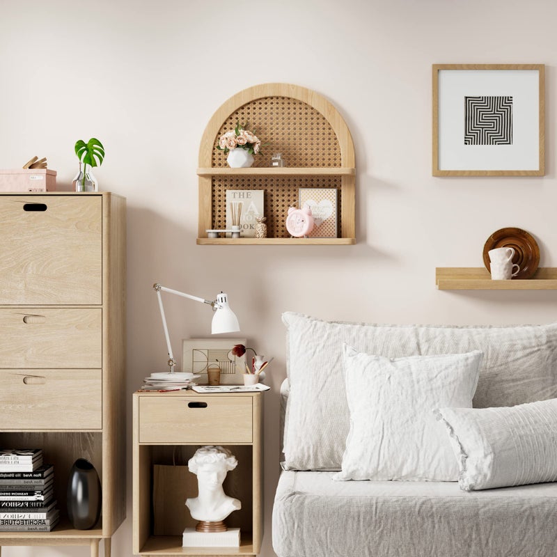 Ecowillon 2 Tier Fan-shaped Rattan Wall Shelf, Nursery Shelf for Wall Storage, Natural Pine Wood Wicker Wall Shelf, Boho Shelf for Netural Nursery Decor, Decorative Shelf for Living Room, Bedroom & Bathroom - Image 5
