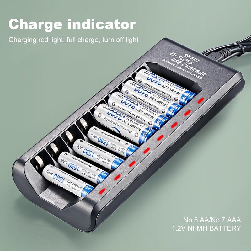 Eacam 8-Slot Smart Battery Charger for 1.2V Ni-MH AA/AAA Rechargeable Batteries USB Plug and Play Battery Charging Dock - Image 4