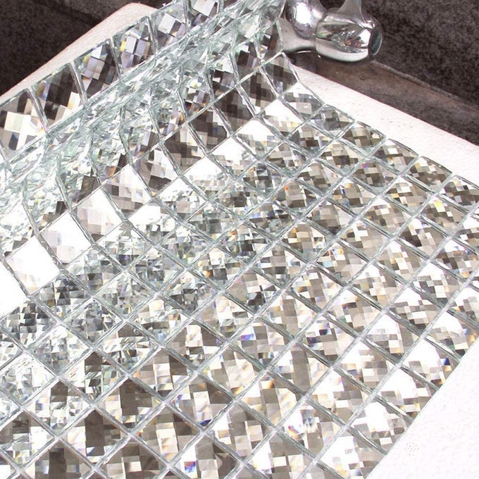 10SHEETS PEEL AND STICK MIRROR GLASS MOSAIC TILE 34 INCH SILVER SQUARE CRYSTAL DIAMOND MIRROR TILE BACKSPLASH FOR KITCHEN BATHROOM WALL