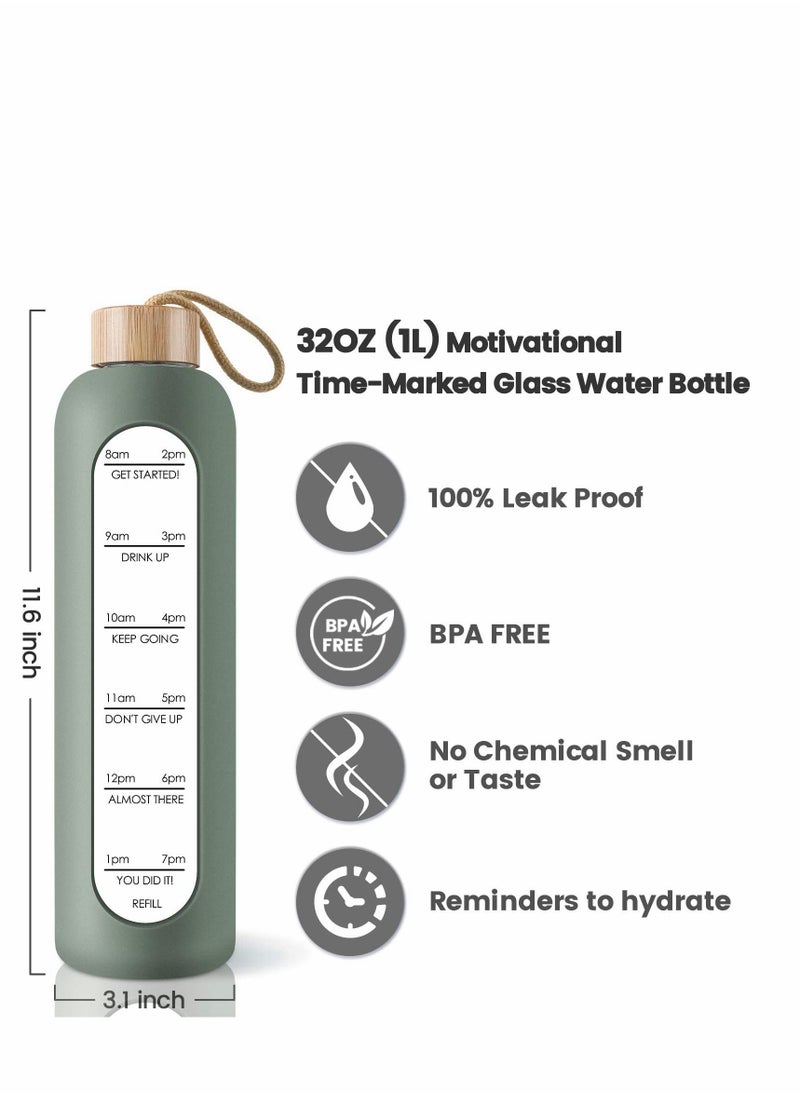 Generic - 32 Oz Borosilicate Glass Water Bottle with Time Marker Reminder Quotes Leak Proof Reusable BPA Free Motivational Silicone Sleeve and Bamboo Lid - Image 1