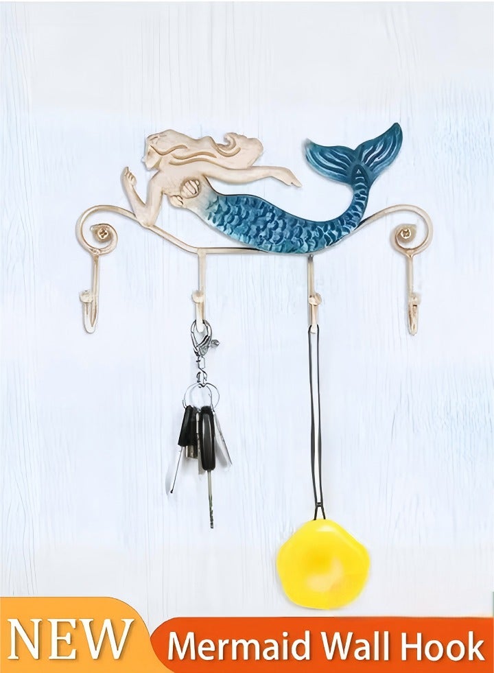 Key Holder for Wall, Iron Mermaid Wall Decoration With 4 Hooks for Coats Towels Bags, Wall Mount Clothes Holder for Bags, Coats, Umbrella  - Image 1