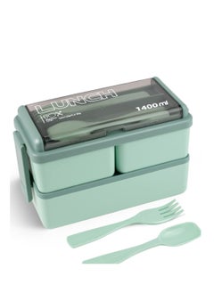 Arabest Double Stackable Bento Box Container Adult Child Bento Box with Spoon and Fork Microwave Safe Leak Proof 2 Tier Lunch Box Green  - Image 1