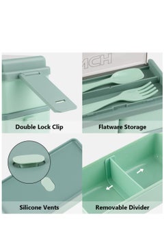 Arabest Double Stackable Bento Box Container Adult Child Bento Box with Spoon and Fork Microwave Safe Leak Proof 2 Tier Lunch Box Green  - Image 3