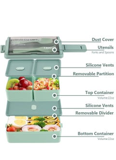 Arabest Double Stackable Bento Box Container Adult Child Bento Box with Spoon and Fork Microwave Safe Leak Proof 2 Tier Lunch Box Green  - Image 5