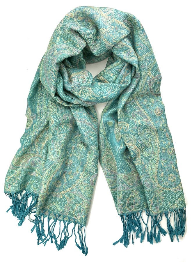 Plum Feathers Tapestry Ethnic Paisley Pattern Pashmina Scarf, Mint Turquoise Tapestry, One size - Image 1