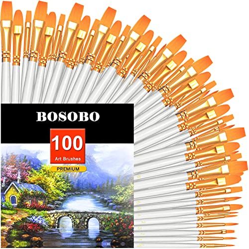 BOSOBO Paint Brushes Set 10 Pack 100 Pcs Round Pointed Tip Paintbrushes Nylon Hair Artist Acrylic Paint Brushes for Acrylic Oil Watercolor Face Nail Art Miniature Detailing Rock Painting White - Image 1