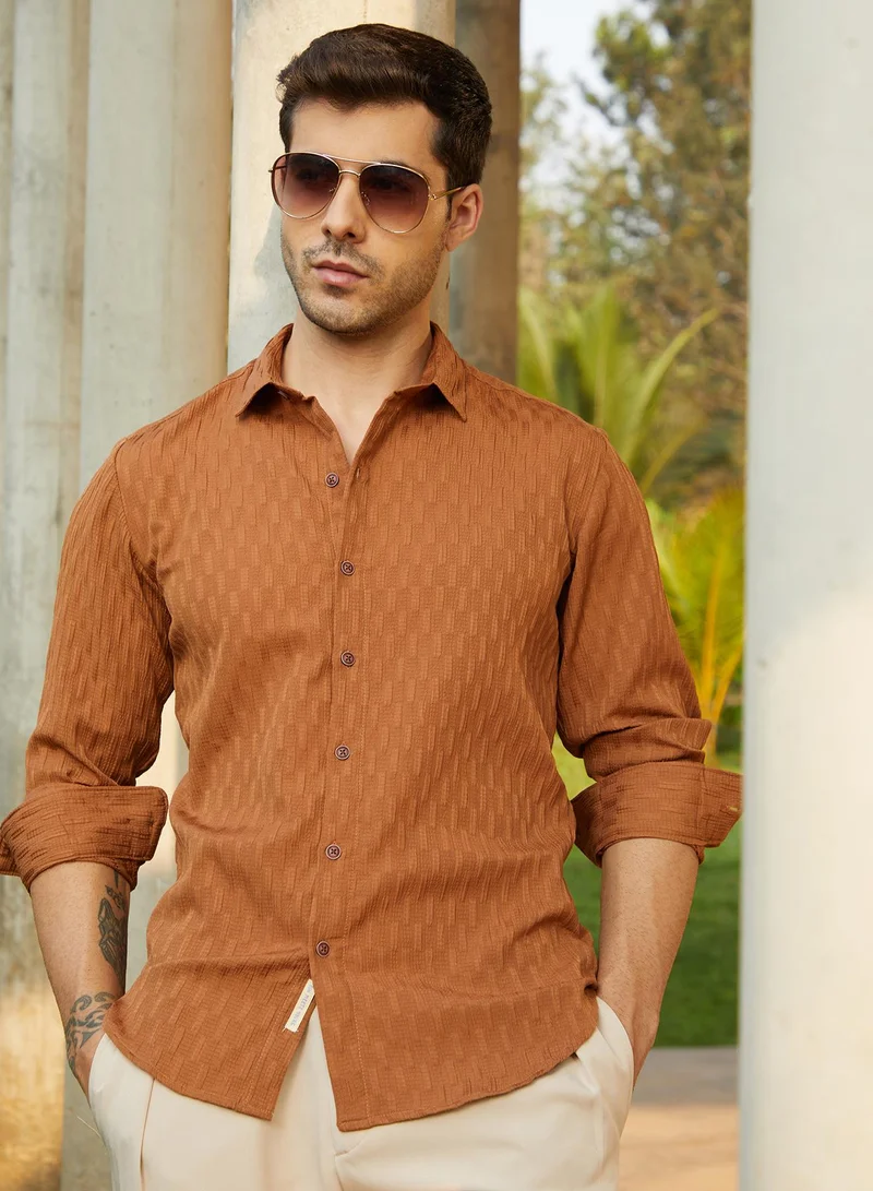 Campus Sutra Men's Sienna Brown Ruche-Tactile Shirt