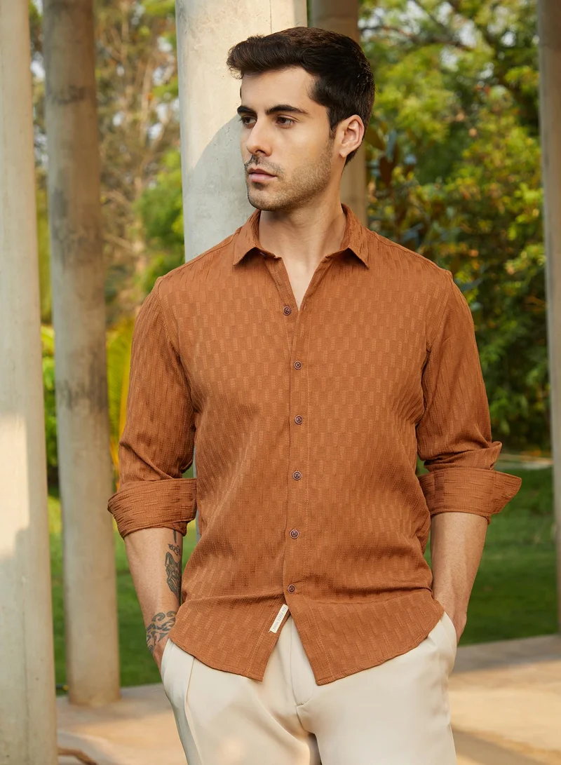 Campus Sutra Men's Sienna Brown Ruche-Tactile Shirt