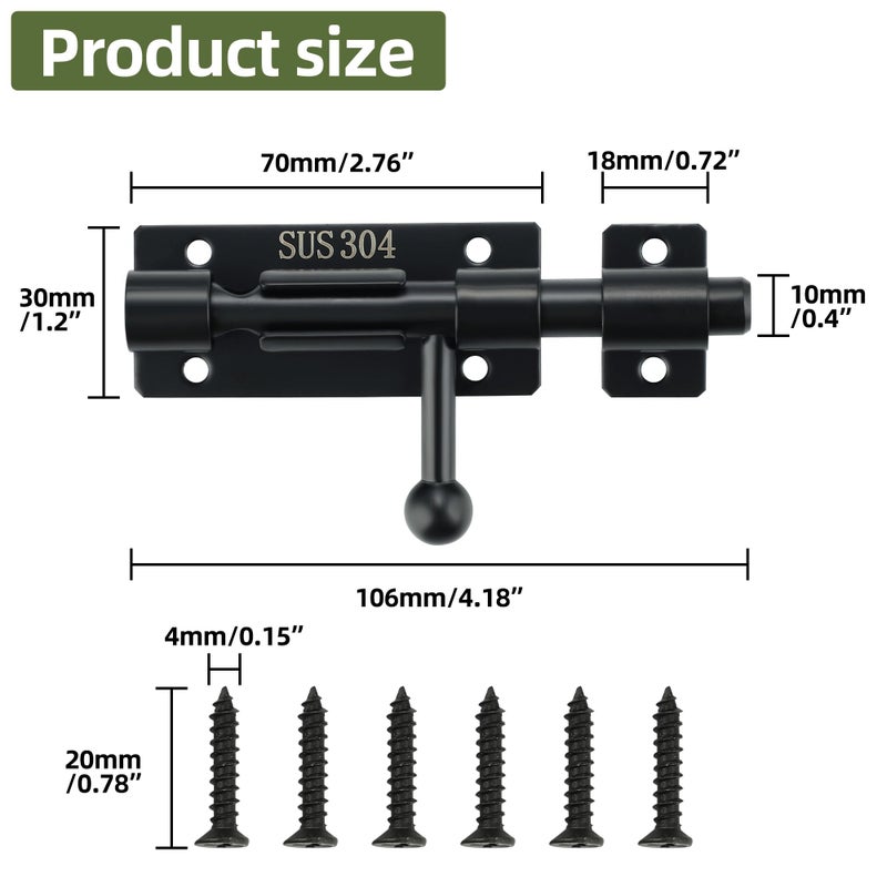 Alise 4 Inch Sliding Door Lock, SUS304 Stainless Steel Padlock-Style Gate Latch,Thickened Heavy Door Lock Latch, Security Slide Latch Lock for Outdoor Fence, Window,Shed Door Black MCX7004-B - Image 2