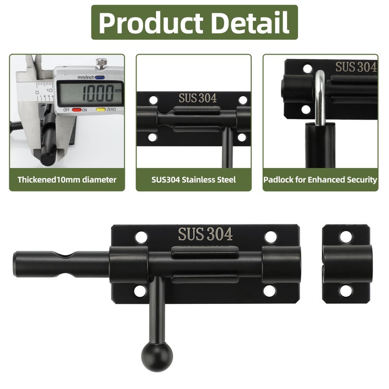 Alise 4 Inch Sliding Door Lock, SUS304 Stainless Steel Padlock-Style Gate Latch,Thickened Heavy Door Lock Latch, Security Slide Latch Lock for Outdoor Fence, Window,Shed Door Black MCX7004-B - Image 5