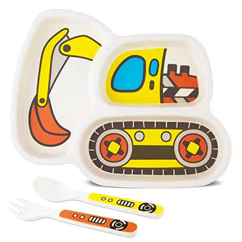 nohlerlife Kids Plate Set Included Plate Fork and Spoon 3Piece Set  Toddler Plates Dinnerware Dinner Dish Set Baby Feeding Divided Plate  Child Portion Control Dish Tray Excavators 