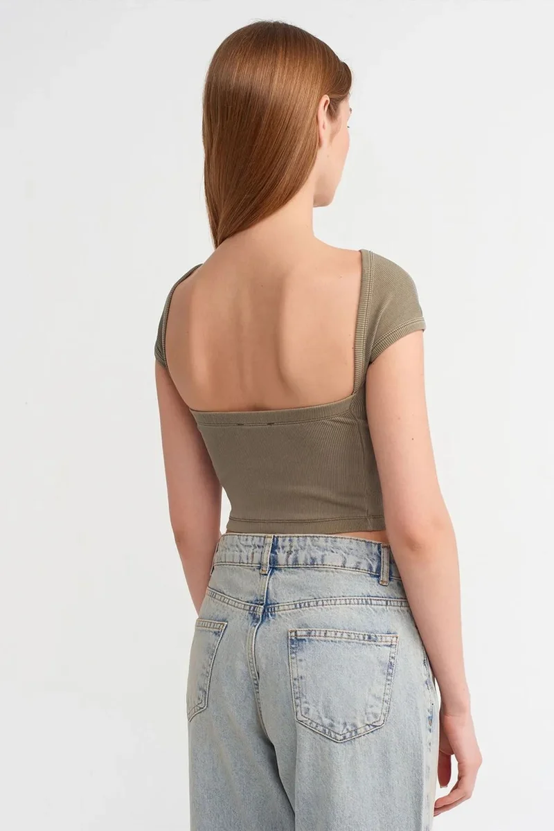 Dilvin Khaki Green DILVIN Women's Crop T-Shirt With Square Neck And Cut-Out for Women | Best Price UAE