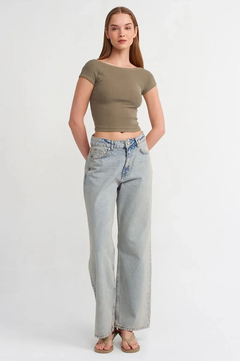 Dilvin Khaki Green DILVIN Women's Crop T-Shirt With Square Neck And Cut-Out for Women | Best Price UAE