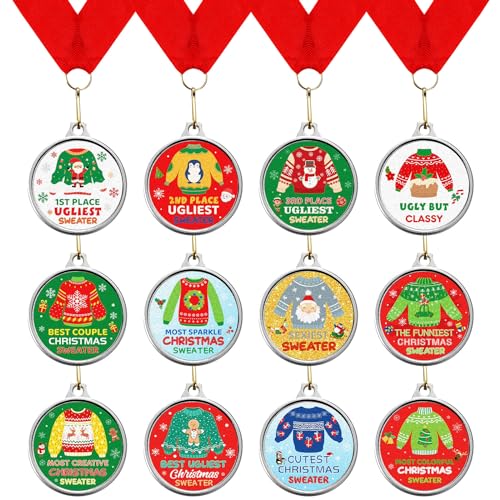 Cholemy 12 Pcs Christmas Ugly Sweater Medal Awards 2 12 Style Christmas Ugly Sweater Contest Prizes Medals for Xmas Decorating Party Ornament Supply - Image 1