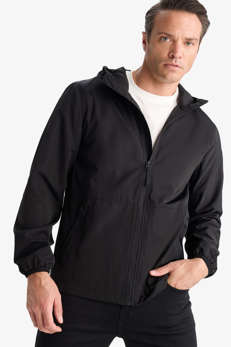 DeFacto Black Man Slim Fit Hooded Zippered Waterproof Jacket Casual - Image 1