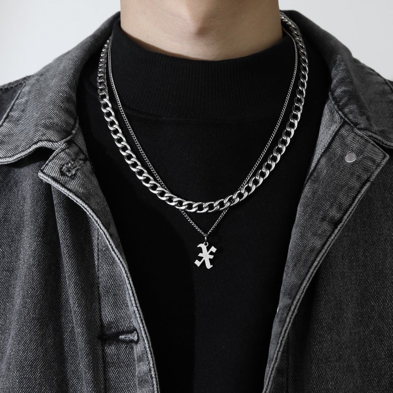Generic Double Layer Cubic Titanium Mens Necklace X(2 chain pendants) 