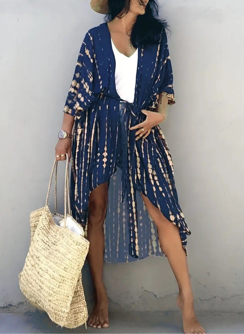 GRKC Stylish Tie Dye Open Front Long Kimono Swimsuit Cover Up for Women, Perfect Beach Resort Vacation Swimwear Shawl - Image 1