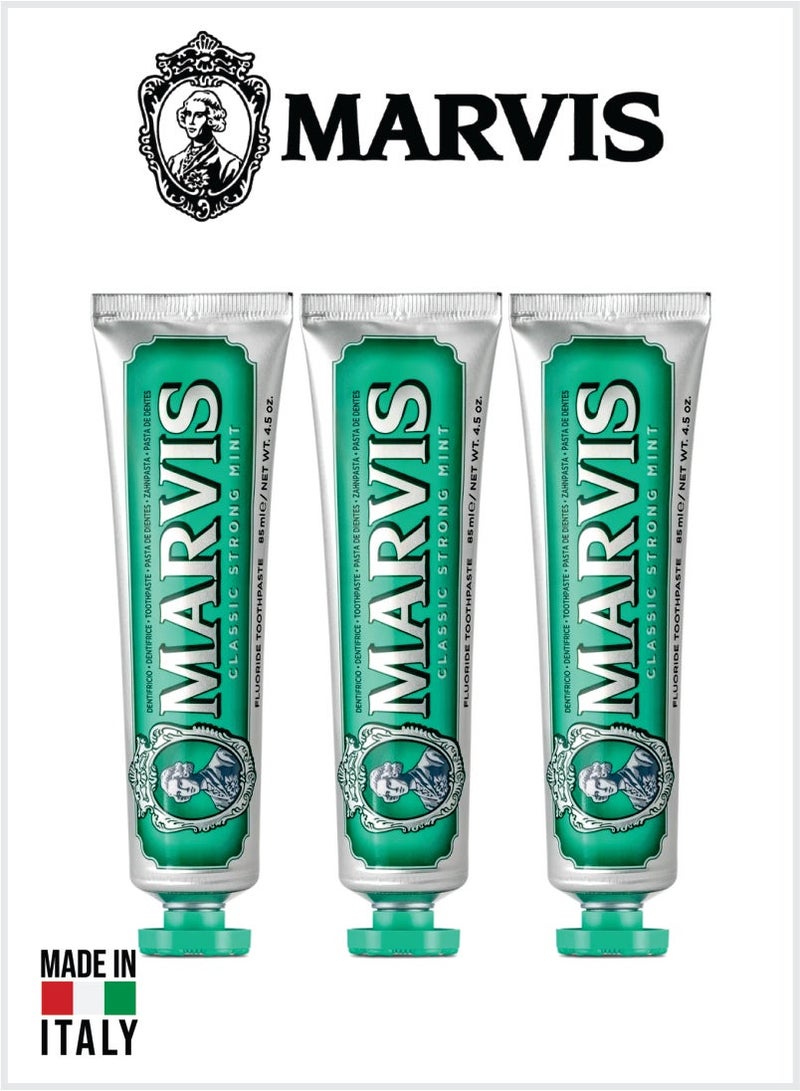 Marvis Classic Strong Mint Toothpaste Fluoride Toothpaste, Intense Fresh Breath, Plaque & Cavity Protection 85ML Pack Of 3