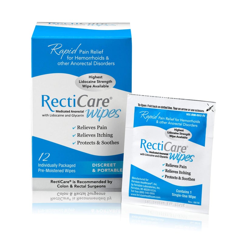 RectiCare Medicated Anorectal Wipes Maximum Strength Topical Numbing 5 Lidocaine Glycerin 12 Pack
