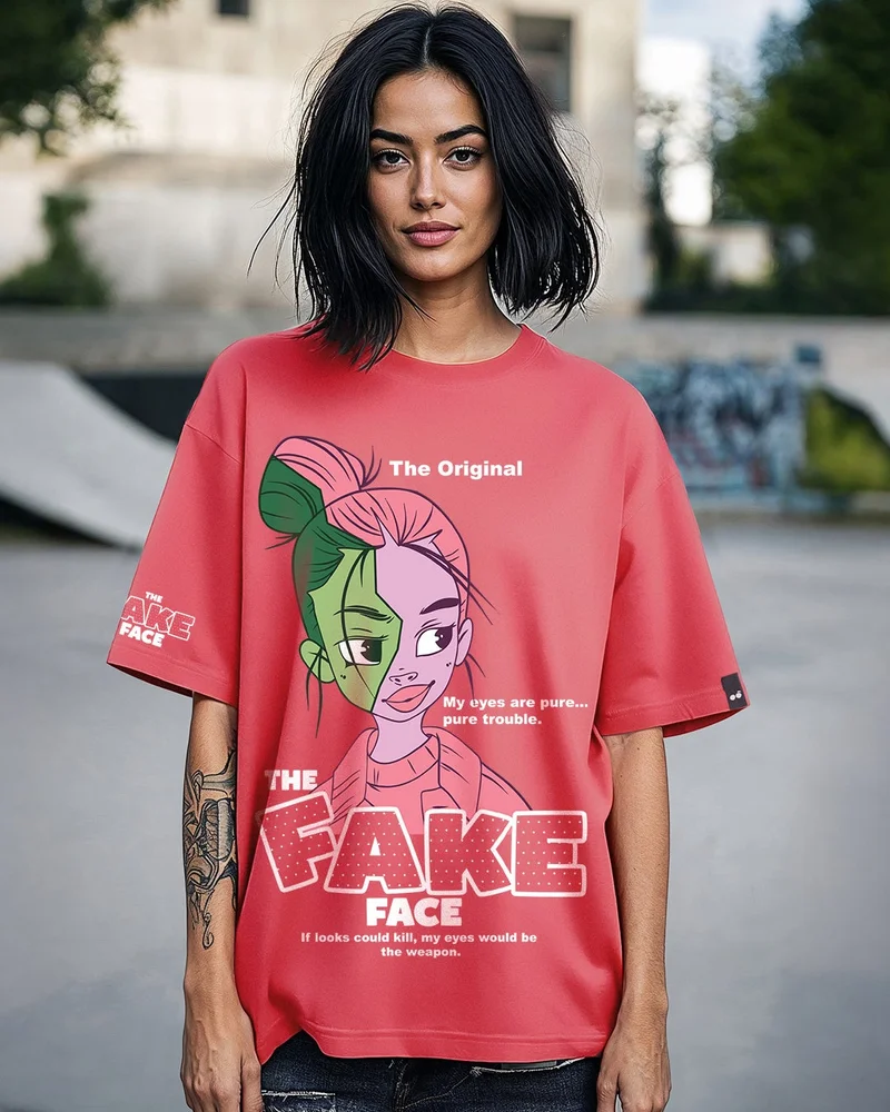 bewakoof Women's Coral Pink Fake Face Graphic Printed Oversized T-shirt