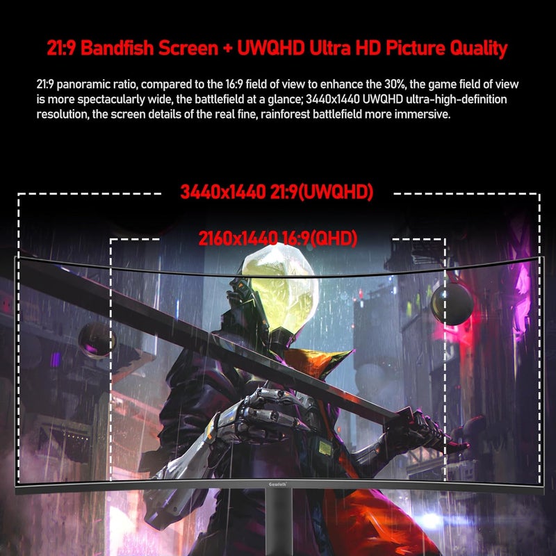 Gawfolk 34" inch Gaming Monitor UWQHD 165Hz Ultrawide 21:9 Curved 1500R Computer Display Screen 3440x1440 Fast 1ms(GTG) PBP PIP FreeSync 99% sRGB HDR Tilt/Height/Swivel Adjustable - Image 2