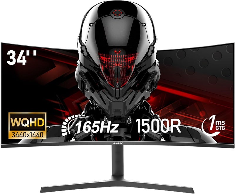 Gawfolk 34" inch Gaming Monitor UWQHD 165Hz Ultrawide 21:9 Curved 1500R Computer Display Screen 3440x1440 Fast 1ms(GTG) PBP PIP FreeSync 99% sRGB HDR Tilt/Height/Swivel Adjustable - Image 1