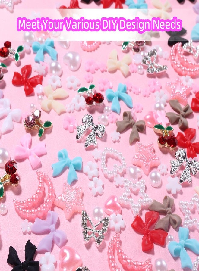 Uotey Bow Nail Charms and Gems, Color Acrylic Bows for Nails Silver Bows Cherry Nail Gems Charms, Bow Nail Charm Pearl Heart Star Nail Charms for Women DIY Crafts Accessories - Image 3