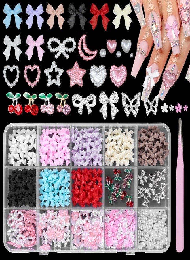 Uotey Bow Nail Charms and Gems, Color Acrylic Bows for Nails Silver Bows Cherry Nail Gems Charms, Bow Nail Charm Pearl Heart Star Nail Charms for Women DIY Crafts Accessories - Image 1