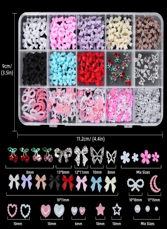 Uotey Bow Nail Charms and Gems, Color Acrylic Bows for Nails Silver Bows Cherry Nail Gems Charms, Bow Nail Charm Pearl Heart Star Nail Charms for Women DIY Crafts Accessories - Image 2