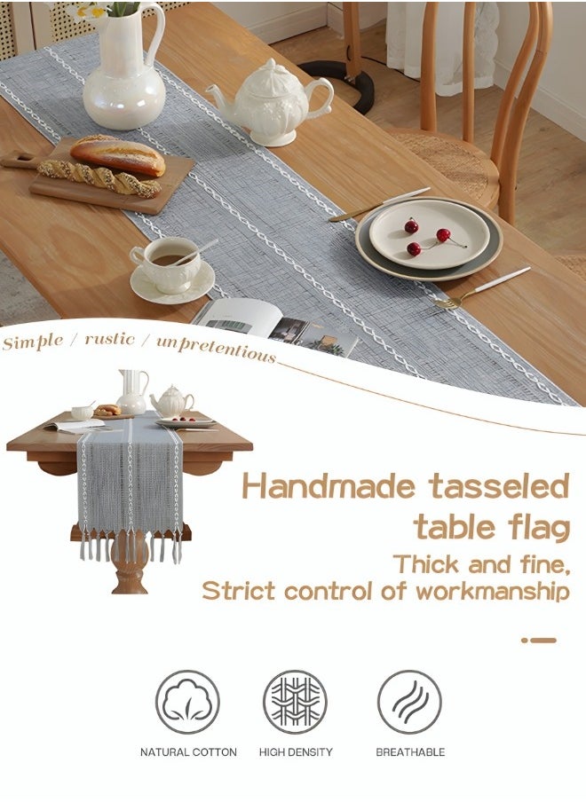 VAOdo - Simple Table Runner, Imitation Cotton and Linen Material Home Decoration Table Cloth, with Tassel Table Mat, for Wedding Restaurant Banquet Kitcheny Party 33*220CM - Image 1