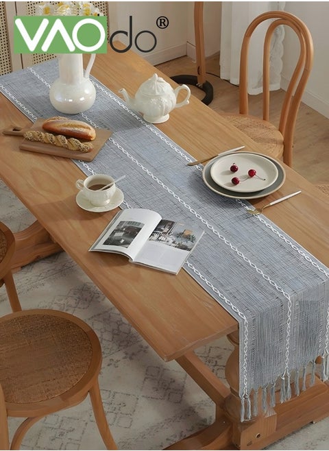 Simple Table Runner, Imitation Cotton and Linen Material Home Decoration Table Cloth, with Tassel Table Mat, for Wedding Restaurant Banquet Kitcheny Party 33*220CM