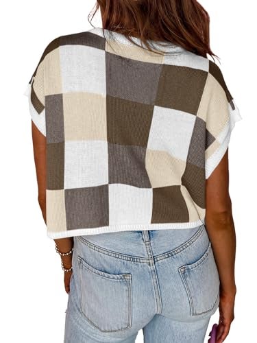 Saodimallsu Womens Cap Sleeve Crop Tops Summer Color Block Going Out Crew Neck Knit Trendy Casual Sweater Khaki - Image 4