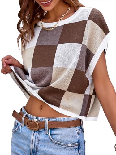 Saodimallsu Womens Cap Sleeve Crop Tops Summer Color Block Going Out Crew Neck Knit Trendy Casual Sweater Khaki - Image 3