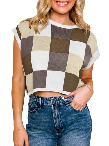 Saodimallsu Womens Cap Sleeve Crop Tops Summer Color Block Going Out Crew Neck Knit Trendy Casual Sweater Khaki - Image 2