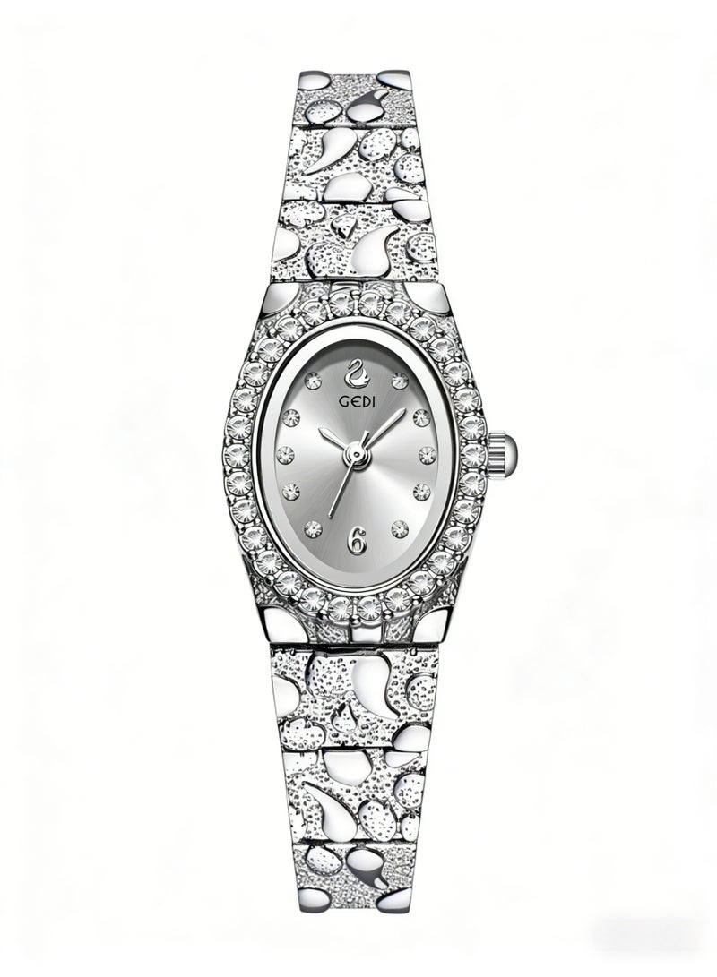 جدي GEDI Luxury Silver Women's Watch - Oval Crystal-Encrusted Dial Stainless Steel Bracelet, Elegant Ladies Quartz Wristwatch for Daily & Formal Wear - Image 1