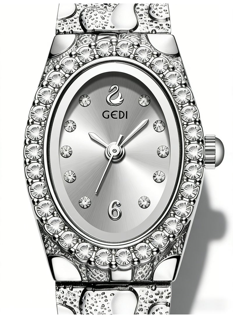 جدي GEDI Luxury Silver Women's Watch - Oval Crystal-Encrusted Dial Stainless Steel Bracelet, Elegant Ladies Quartz Wristwatch for Daily & Formal Wear - Image 2