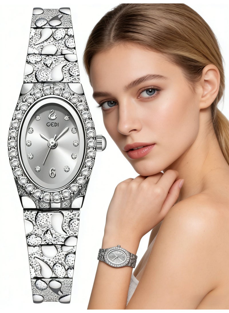 جدي GEDI Luxury Silver Women's Watch - Oval Crystal-Encrusted Dial Stainless Steel Bracelet, Elegant Ladies Quartz Wristwatch for Daily & Formal Wear - Image 4
